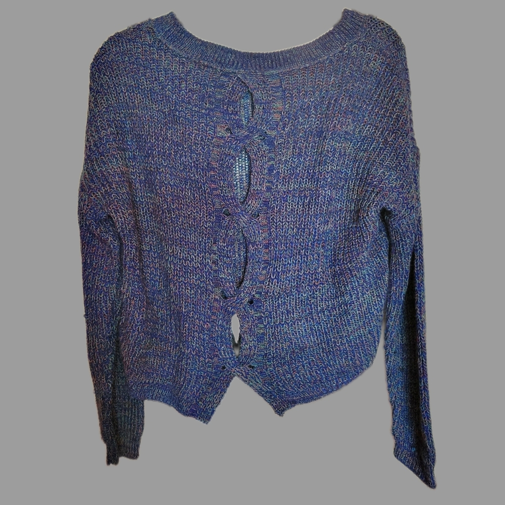 Express Chunky Knit Blue Rainbow Scoop Neck Sweater Cross Back High Low Size XS